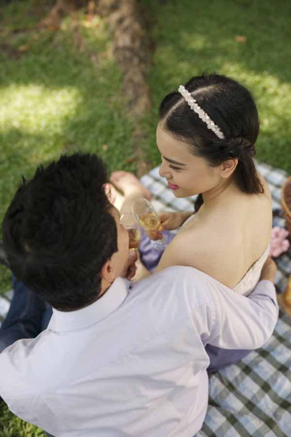 Young couple toasting at the picnic
