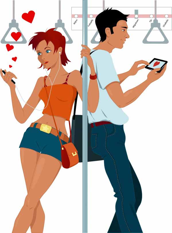 a couple in a subway sexting